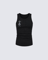 New Gothic Cross Embroidered Slim Ribbed Tank Top