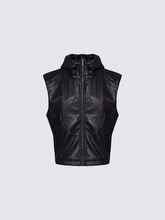 Hooded Faux Leather Sleeveless Vest with Tech Circle Detail