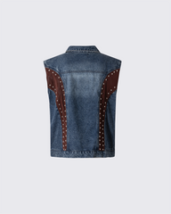 Leather Patch Studded Denim Vest