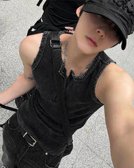 New Dark Washed Henley Neck Ribbed Slim Tank Top