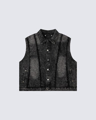 Dark Washed Button Pocket Sleeveless New Denim Vest