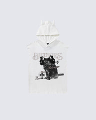 Vintage Cat Graphic Bat Sleeve Vest Hoodie