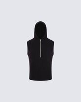 New Dark Ribbed Hooded Sleeveless Zip Knit Top