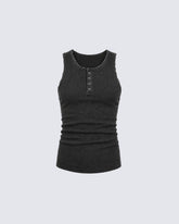 New Dark Washed Henley Neck Ribbed Slim Tank Top
