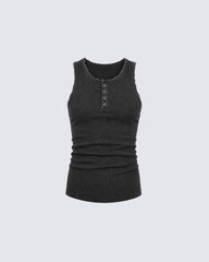 New Dark Washed Henley Neck Ribbed Slim Tank Top