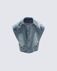 Distressed Washed Denim Vest Jacket