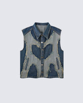 Distressed Patchwork Denim Vest