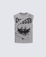Gothic Bat And Skull Print Deconstructed Print Sleeveless Vest