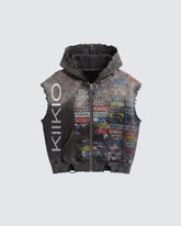 KIIKIO -Distressed Graphic Sleeveless Hooded Vest