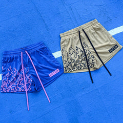 MUAY THAI FLAME SHORTS (MID THIGH CUT) - BLUE / PINK