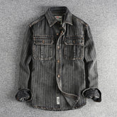 Men's British Retro Black Gray Striped Denim Shirt