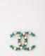 Chanel Silver Metal and Turquoise Blue Leather and Pearl Interwoven CC Logo Brooch
