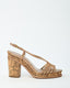 Chanel Beige Lame Leather CC Logo Cork Heel Strappy Sandals - 38.5