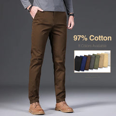 Men's Casual Slim Straight Trousers - 97% Cotton Comfortable Elastic Pants