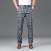 Slim Fit Cotton Plaid Stretch Trousers for Men