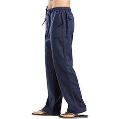 Men's Casual Loose-Fit Cotton Linen Pants with Elastic Waist - Various Colors