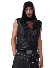 Hooded Faux Leather Sleeveless Vest with Tech Circle Detail