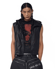 Hooded Faux Leather Sleeveless Vest with Tech Circle Detail