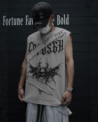 Gothic Bat And Skull Print Deconstructed Print Sleeveless Vest
