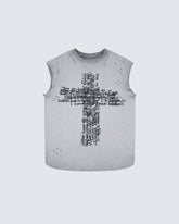 Distressed Denim Cross Print Sleeveless Vest