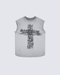 Distressed Denim Cross Print Sleeveless Vest
