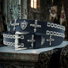 Punk Cross Skull Shield Cutout Rivet Genuine Leather Belt