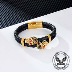 Punk Double Skull Stainless Steel Leather Bracelet