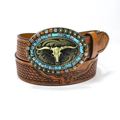 Vintage Bull Head Western Cowboy PU Leather Belt