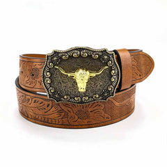 Vintage Embossed Bull Western Cowboy PU Leather Belt