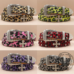 Y2K Leopard Print Rhinestone Cross Rivet PU Leather Belt