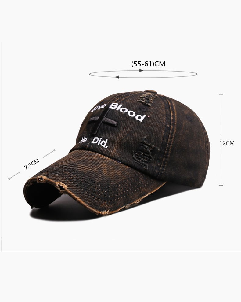 Distressed 'Give Blood He Did' Baseball Cap with Cross Design – Streetwear Style