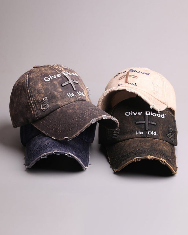 Distressed 'Give Blood He Did' Baseball Cap with Cross Design – Streetwear Style Main Image