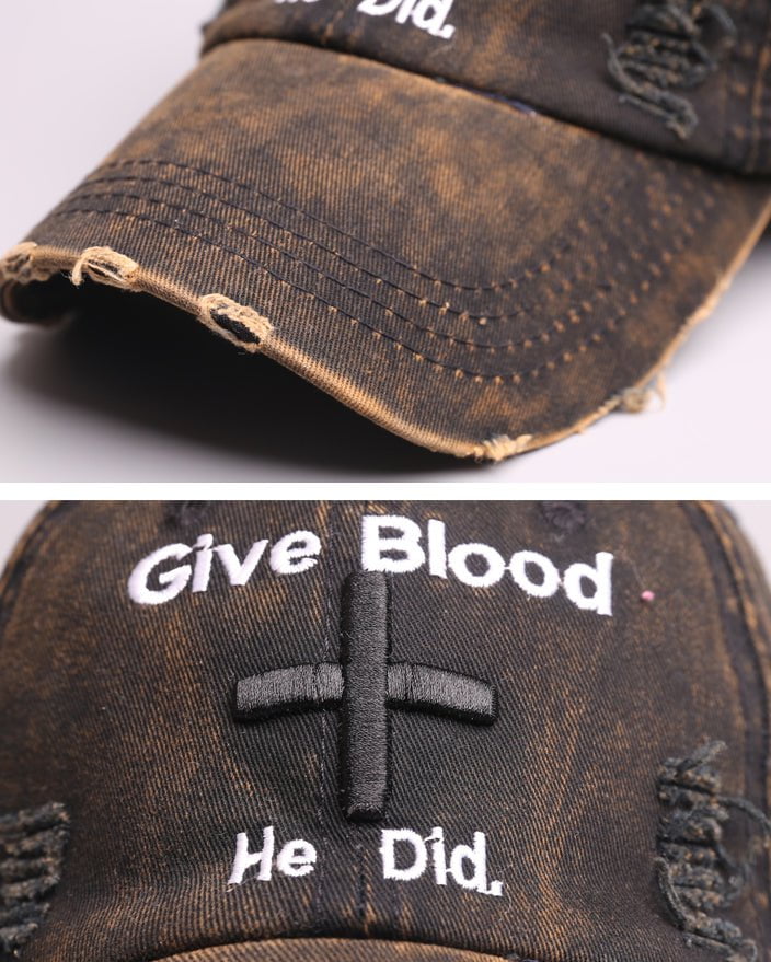 Distressed 'Give Blood He Did' Baseball Cap with Cross Design – Streetwear Style