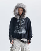 Lightweight Fuzzy Printed Half-Zip Cropped Hoodie