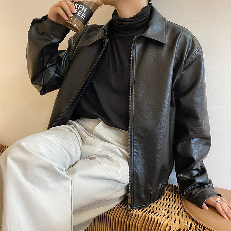 Retro Young Men's Loose Short Leather Jacket