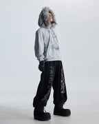 Lightweight Fuzzy Printed Half-Zip Cropped Hoodie