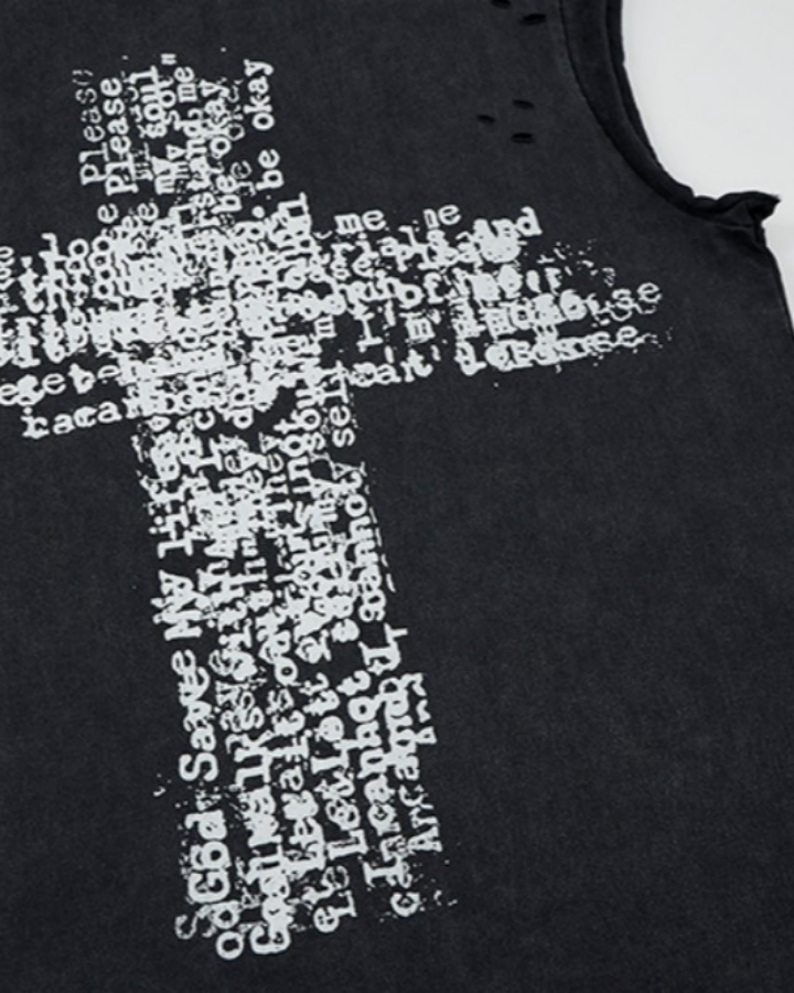 Distressed Denim Cross Print Sleeveless Vest
