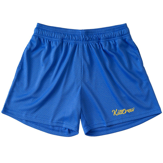 VENTED MESH SHORTS SCRIPT - BLUE / GOLD Hover Image