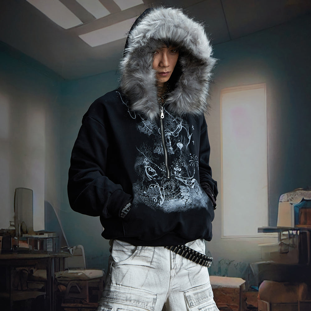 Lightweight Fuzzy Printed Half-Zip Cropped Hoodie