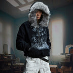 Lightweight Fuzzy Printed Half-Zip Cropped Hoodie
