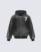 Vintage Loose Fit Washed Distressed Zip-Up Hoodie