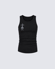 New Gothic Cross Embroidered Slim Ribbed Tank Top