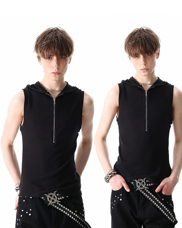 New Dark Ribbed Hooded Sleeveless Zip Knit Top