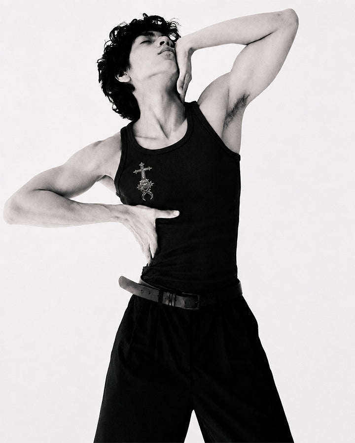 New Gothic Cross Embroidered Slim Ribbed Tank Top