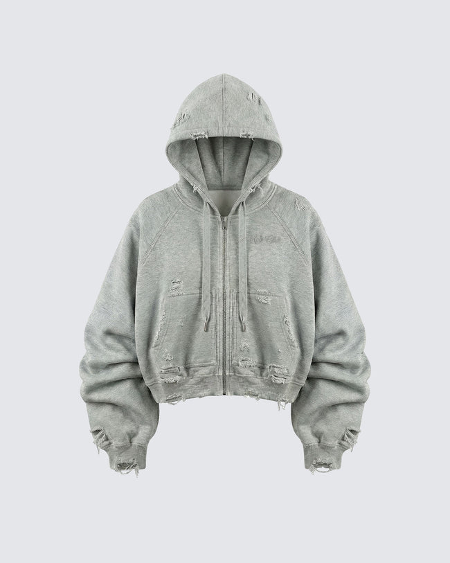 LOW SATURATION-Distressed Cropped Zip-Up Hoodie Hover Image