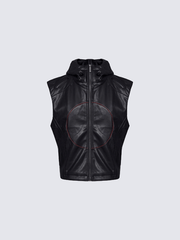 Hooded Faux Leather Sleeveless Vest with Tech Circle Detail