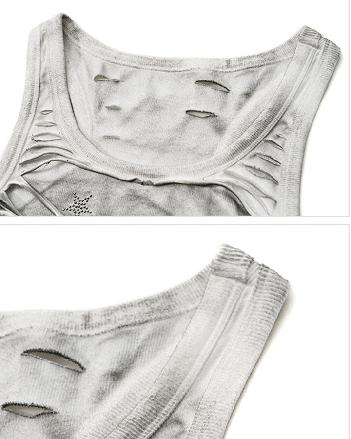 Grunge Acid Wash Star Rhinestone Cutout Ribbed Tank Top