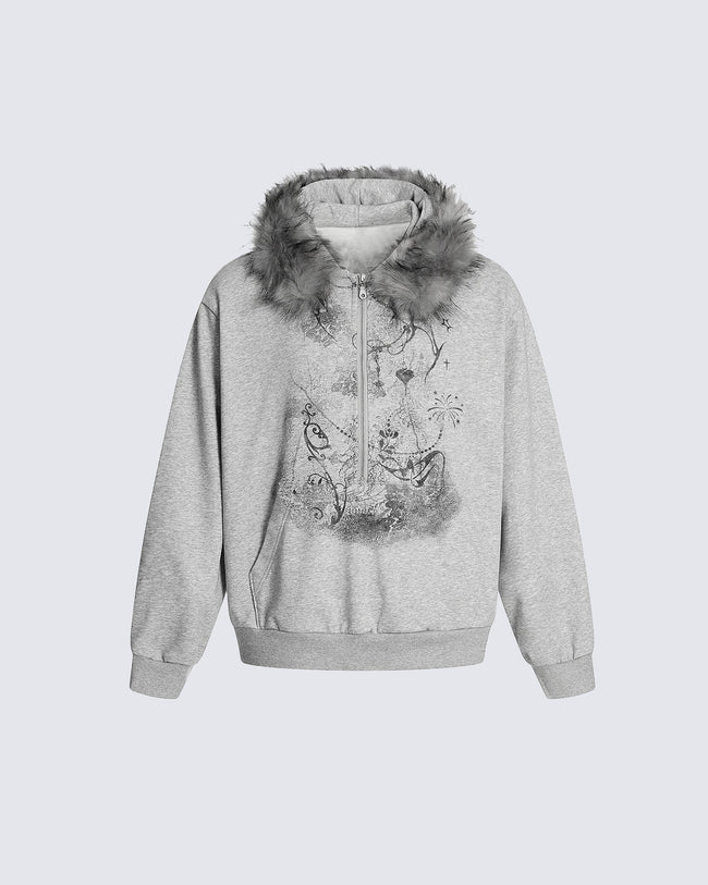 Lightweight Fuzzy Printed Half-Zip Cropped Hoodie Hover Image