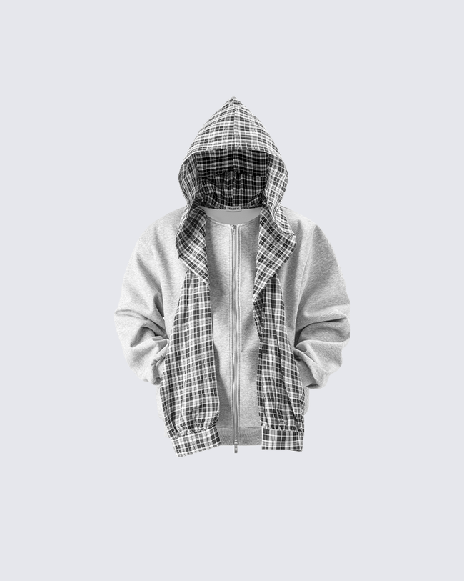 Plaid-Lined Dual-Wear Zip Hoodie Hover Image