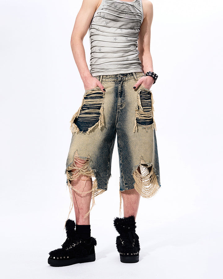 Grunge Acid Wash Star Rhinestone Cutout Ribbed Tank Top